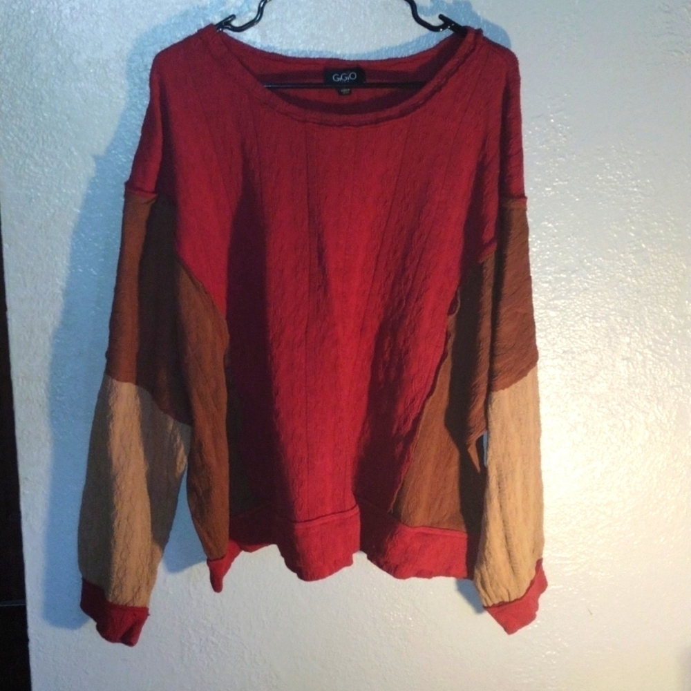 GiGio Color Block Textured Cotton Blend Top Burgundy Brown Tan M